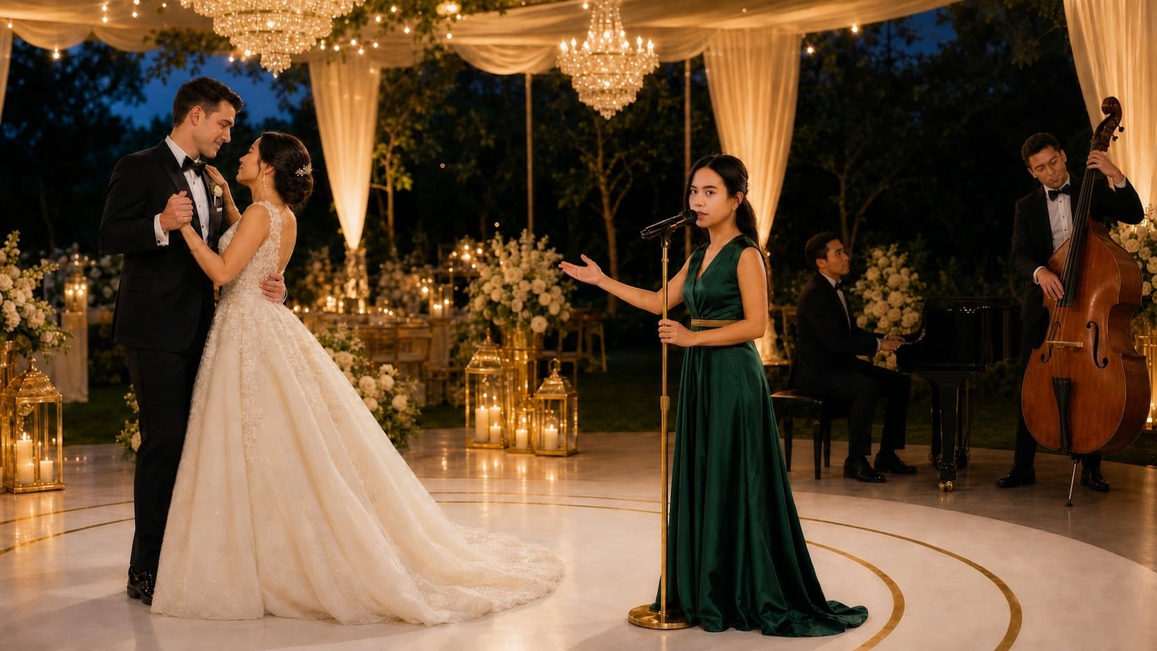 Wedding singer performing live as a newlywed couple dances